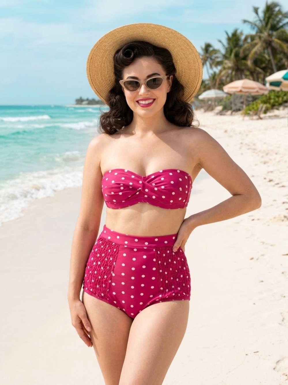 Unique Vintage Fuchsia Polka Dot Strapless Bikini Set
